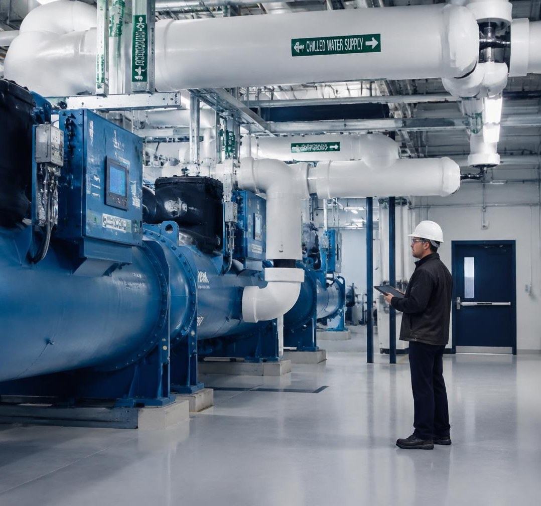Engineer inspecting a high-efficiency chiller plant